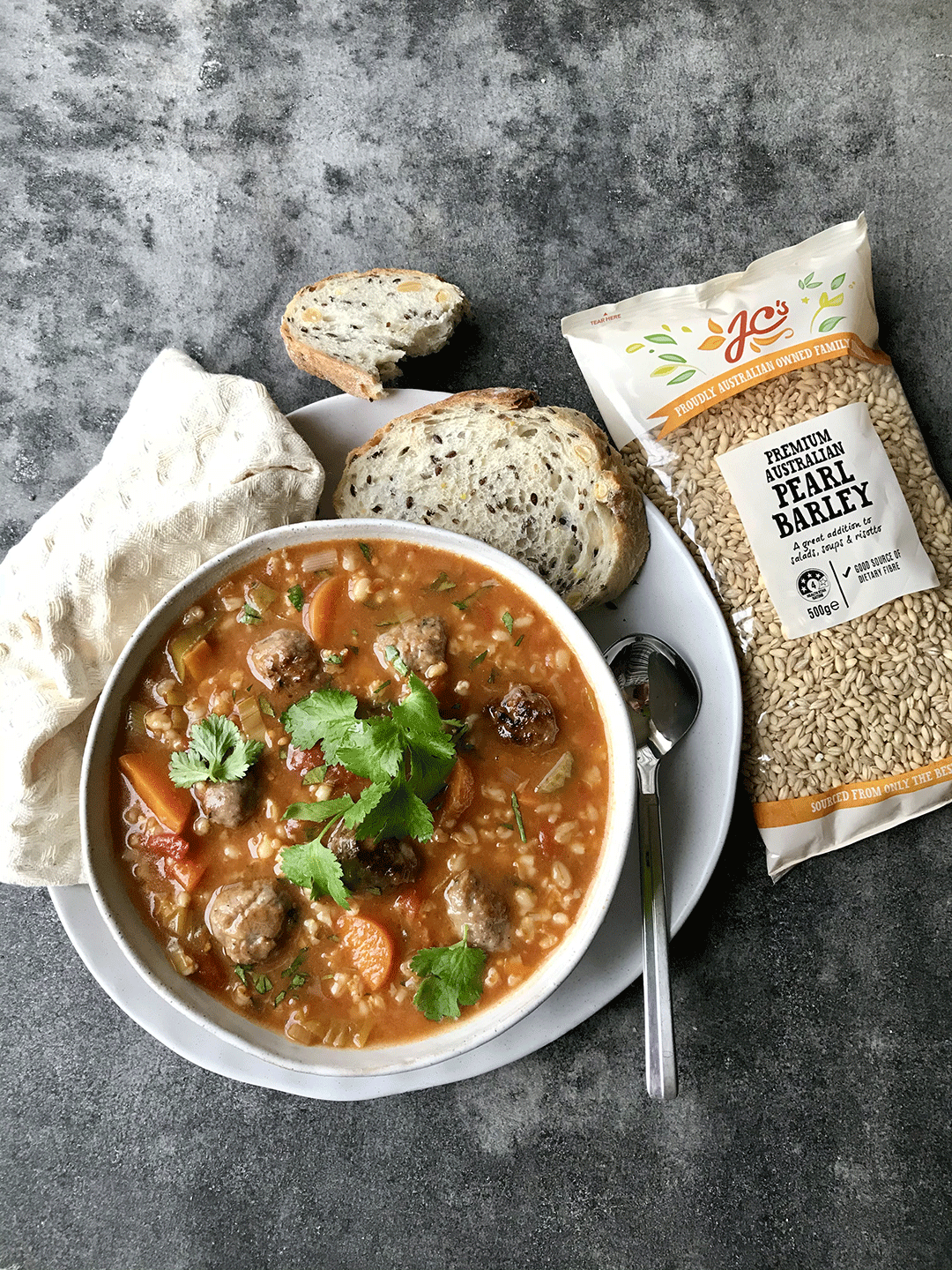 Spicy Barley and Vegetable Soup with Meatballs J.C.'s Quality Foods